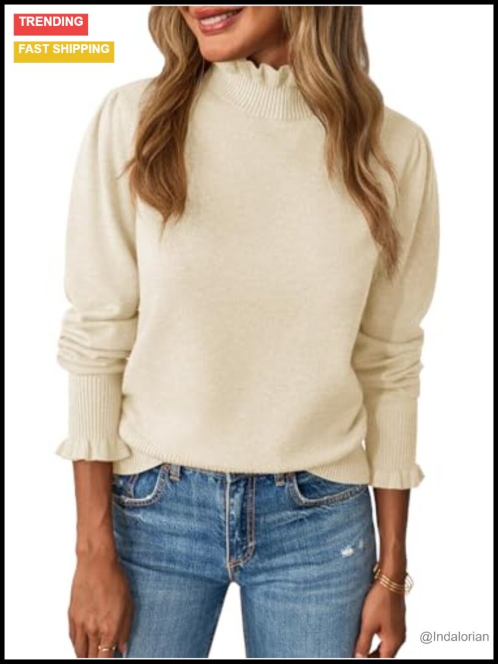 Ruffle Mock Neck Puff Sleeve Knit Pullover Sweater